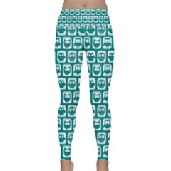 Teal And White Owl Pattern Lightweight Velour Classic Yoga Leggings by GardenOfOphir