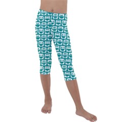 Teal And White Owl Pattern Kids  Lightweight Velour Capri Leggings  by GardenOfOphir