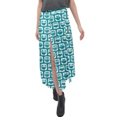 Teal And White Owl Pattern Velour Split Maxi Skirt by GardenOfOphir