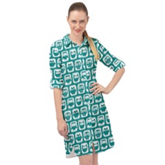 Teal And White Owl Pattern Long Sleeve Mini Shirt Dress by GardenOfOphir