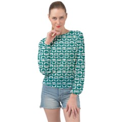 Teal And White Owl Pattern Banded Bottom Chiffon Top by GardenOfOphir