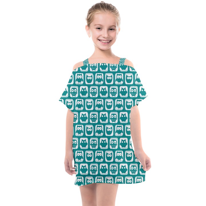 Teal And White Owl Pattern Kids  One Piece Chiffon Dress