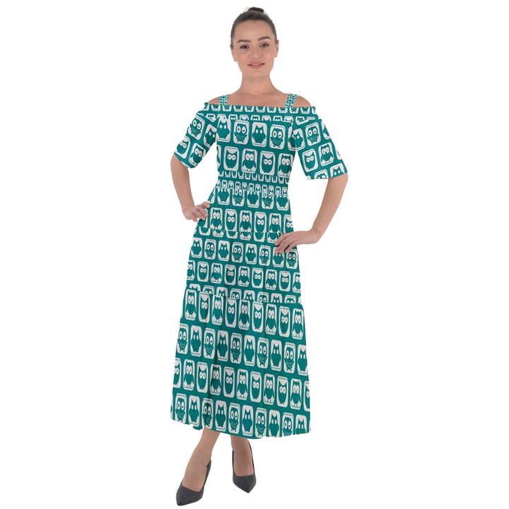 Teal And White Owl Pattern Shoulder Straps Boho Maxi Dress 