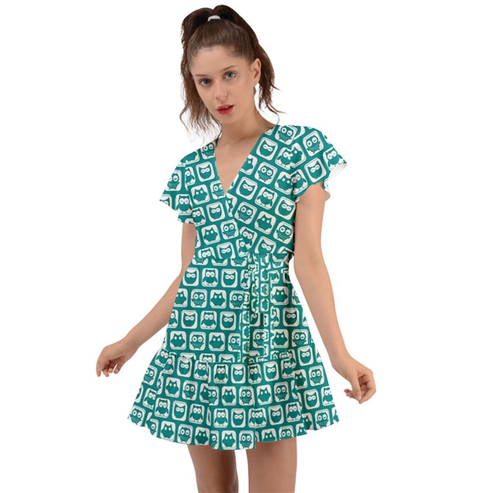 Teal And White Owl Pattern Flutter Sleeve Wrap Dress