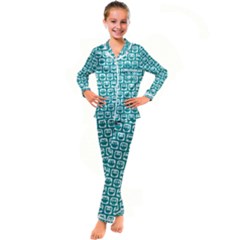 Teal And White Owl Pattern Kid s Satin Long Sleeve Pajamas Set by GardenOfOphir