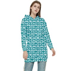 Teal And White Owl Pattern Women s Long Oversized Pullover Hoodie by GardenOfOphir