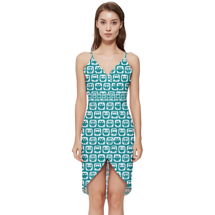 Teal And White Owl Pattern Wrap Frill Dress