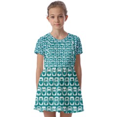 Teal And White Owl Pattern Kids  Short Sleeve Pinafore Style Dress by GardenOfOphir