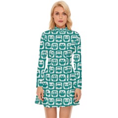 Teal And White Owl Pattern Long Sleeve Velour Longline Dress by GardenOfOphir