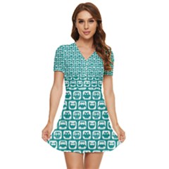 Teal And White Owl Pattern V-neck High Waist Chiffon Mini Dress by GardenOfOphir