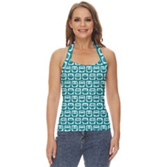 Teal And White Owl Pattern Basic Halter Top by GardenOfOphir