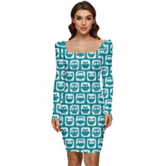 Teal And White Owl Pattern Women Long Sleeve Ruched Stretch Jersey Dress by GardenOfOphir