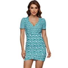 Teal And White Owl Pattern Low Cut Cap Sleeve Mini Dress by GardenOfOphir