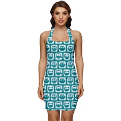 Teal And White Owl Pattern Sleeveless Wide Square Neckline Ruched Bodycon Dress by GardenOfOphir