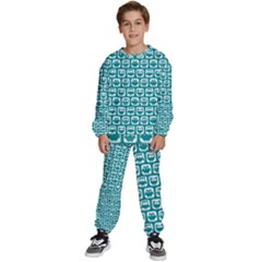 Teal And White Owl Pattern Kids  Sweatshirt Set by GardenOfOphir