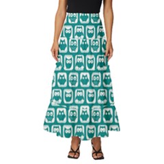 Teal And White Owl Pattern Tiered Ruffle Maxi Skirt