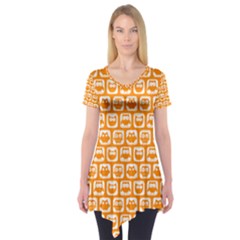 Yellow And White Owl Pattern Short Sleeve Tunic  by GardenOfOphir