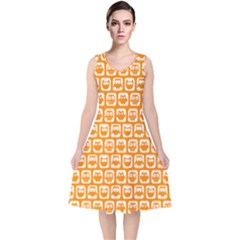 Yellow And White Owl Pattern V-neck Midi Sleeveless Dress  by GardenOfOphir