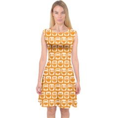 Yellow And White Owl Pattern Capsleeve Midi Dress by GardenOfOphir