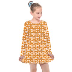 Yellow And White Owl Pattern Kids  Long Sleeve Dress by GardenOfOphir