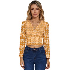 Yellow And White Owl Pattern Long Sleeve V-neck Top