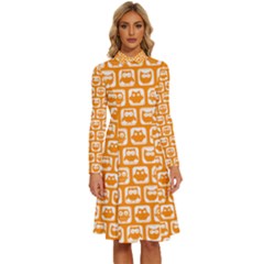 Yellow And White Owl Pattern Long Sleeve Shirt Collar A-line Dress by GardenOfOphir