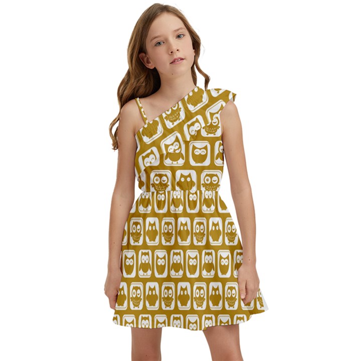 Olive And White Owl Pattern Kids  One Shoulder Party Dress