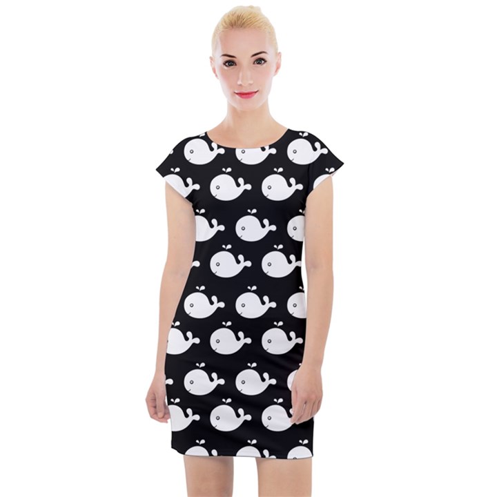 Cute Whale Illustration Pattern Cap Sleeve Bodycon Dress