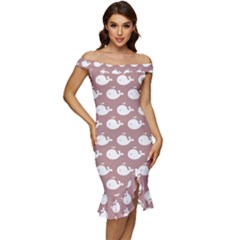 Cute Whale Illustration Pattern Off Shoulder Ruffle Split Hem Bodycon Dress by GardenOfOphir