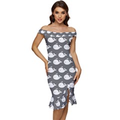 Cute Whale Illustration Pattern Off Shoulder Ruffle Split Hem Bodycon Dress by GardenOfOphir