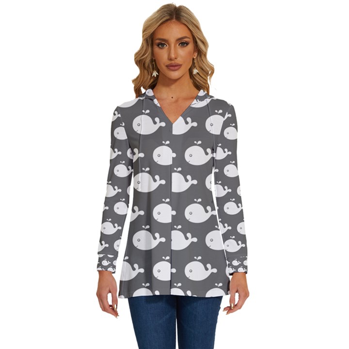 Cute Whale Illustration Pattern Long Sleeve Drawstring Hooded Top