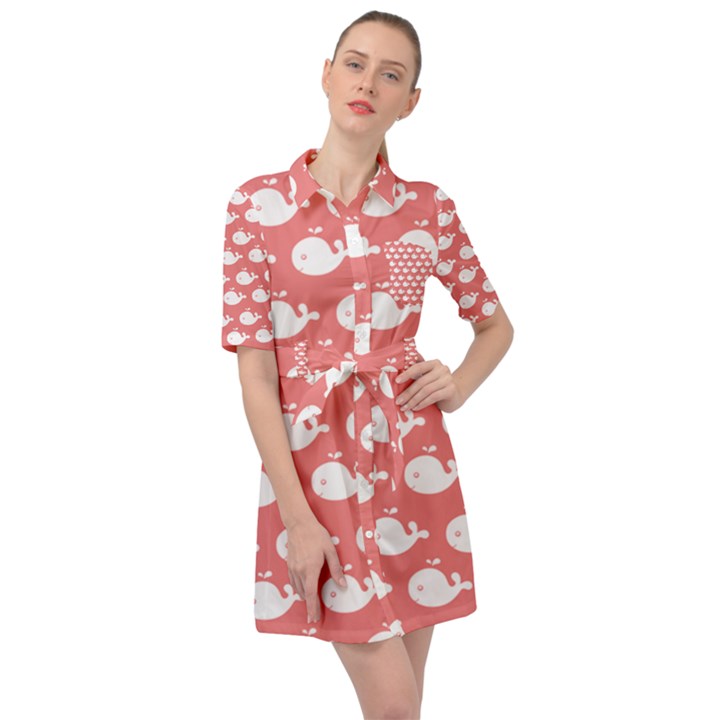 Coral Whales Pattern Belted Shirt Dress