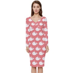 Coral Whales Pattern Long Sleeve V-neck Bodycon Dress  by GardenOfOphir