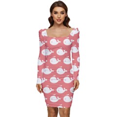 Coral Whales Pattern Women Long Sleeve Ruched Stretch Jersey Dress by GardenOfOphir