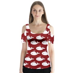 Cute Whale Illustration Pattern Butterfly Sleeve Cutout Tee 