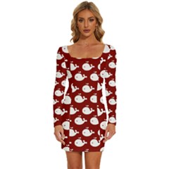 Cute Whale Illustration Pattern Long Sleeve Square Neck Bodycon Velvet Dress by GardenOfOphir