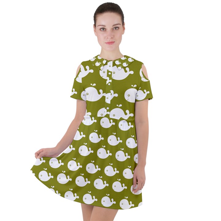 Cute Whale Illustration Pattern Short Sleeve Shoulder Cut Out Dress 