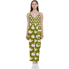 Cute Whale Illustration Pattern V-neck Spaghetti Strap Tie Front Jumpsuit