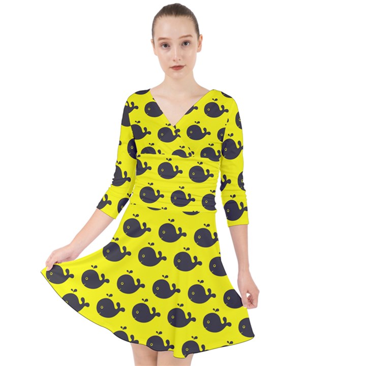 Cute Whale Illustration Pattern Quarter Sleeve Front Wrap Dress