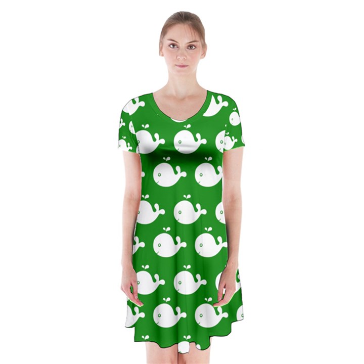 Cute Whale Illustration Pattern Short Sleeve V-neck Flare Dress