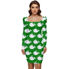 Cute Whale Illustration Pattern Women Long Sleeve Ruched Stretch Jersey Dress by GardenOfOphir