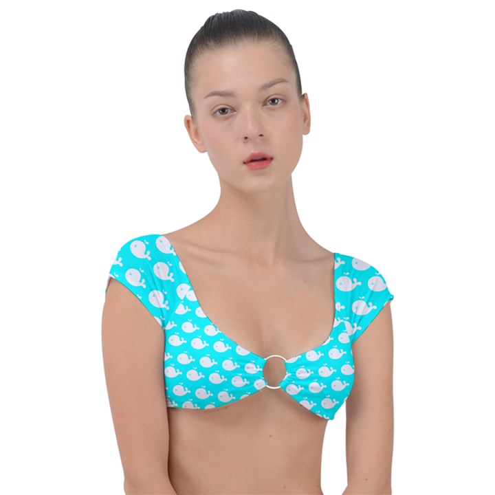 Cute Whale Illustration Pattern Cap Sleeve Ring Bikini Top