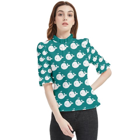 Cute Whale Illustration Pattern Frill Neck Blouse by GardenOfOphir