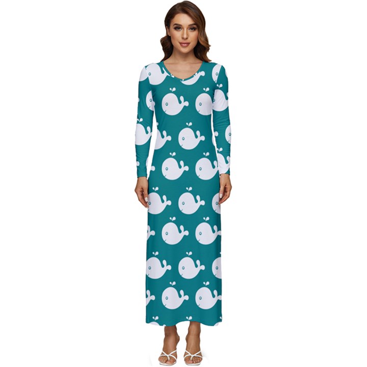 Cute Whale Illustration Pattern Long Sleeve Longline Maxi Dress