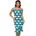 Cute Whale Illustration Pattern Off Shoulder Ruffle Split Hem Bodycon Dress View1