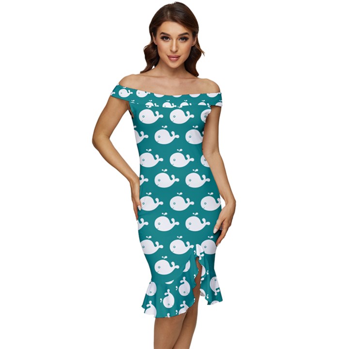 Cute Whale Illustration Pattern Off Shoulder Ruffle Split Hem Bodycon Dress