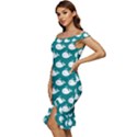 Cute Whale Illustration Pattern Off Shoulder Ruffle Split Hem Bodycon Dress View2