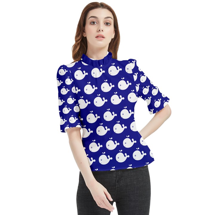 Cute Whale Illustration Pattern Frill Neck Blouse