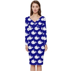 Cute Whale Illustration Pattern Long Sleeve V-neck Bodycon Dress  by GardenOfOphir