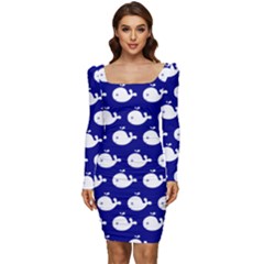 Cute Whale Illustration Pattern Women Long Sleeve Ruched Stretch Jersey Dress by GardenOfOphir